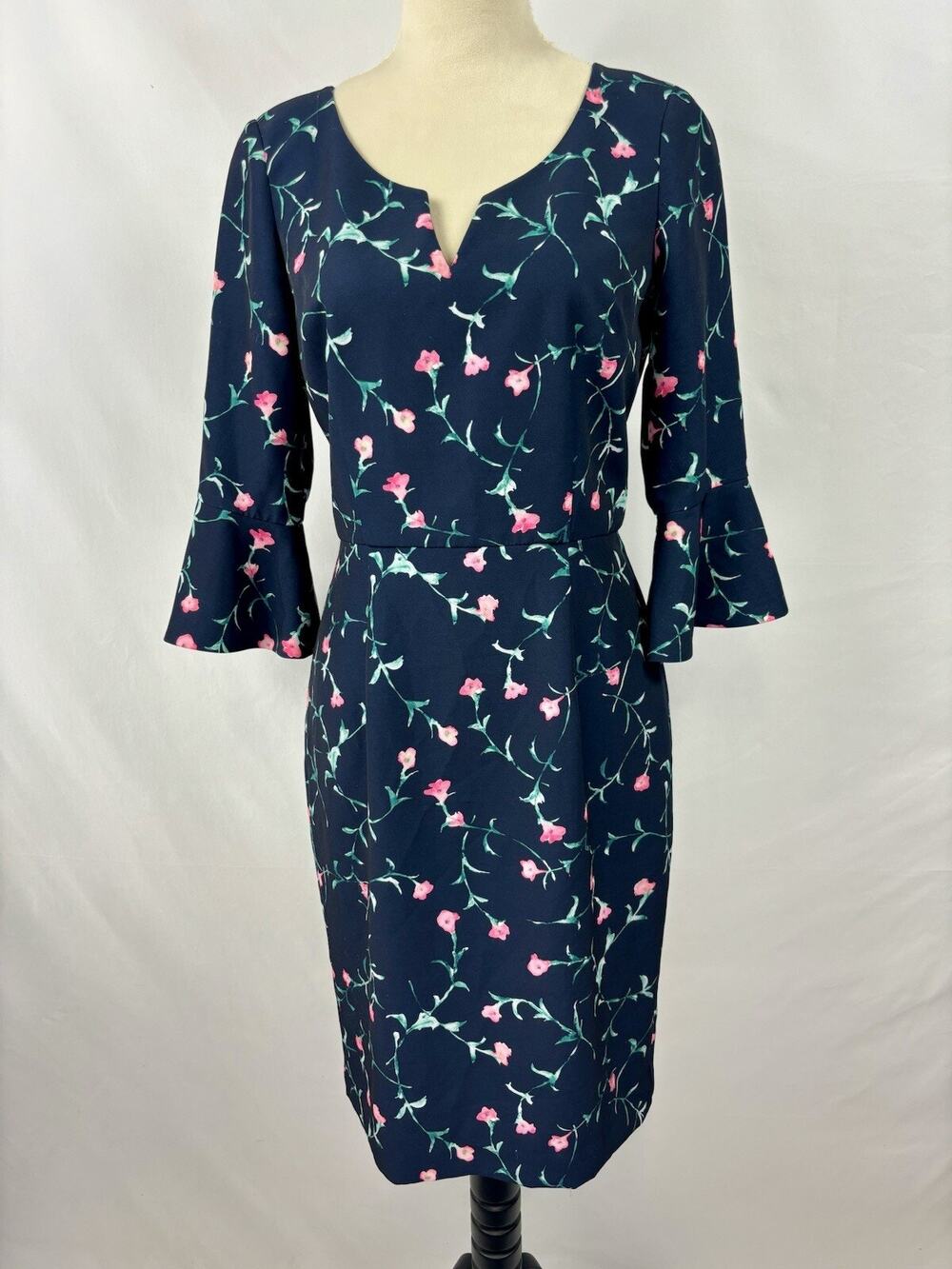 David Meister Floral Dress Navy Blue 6 Knee Length Midi